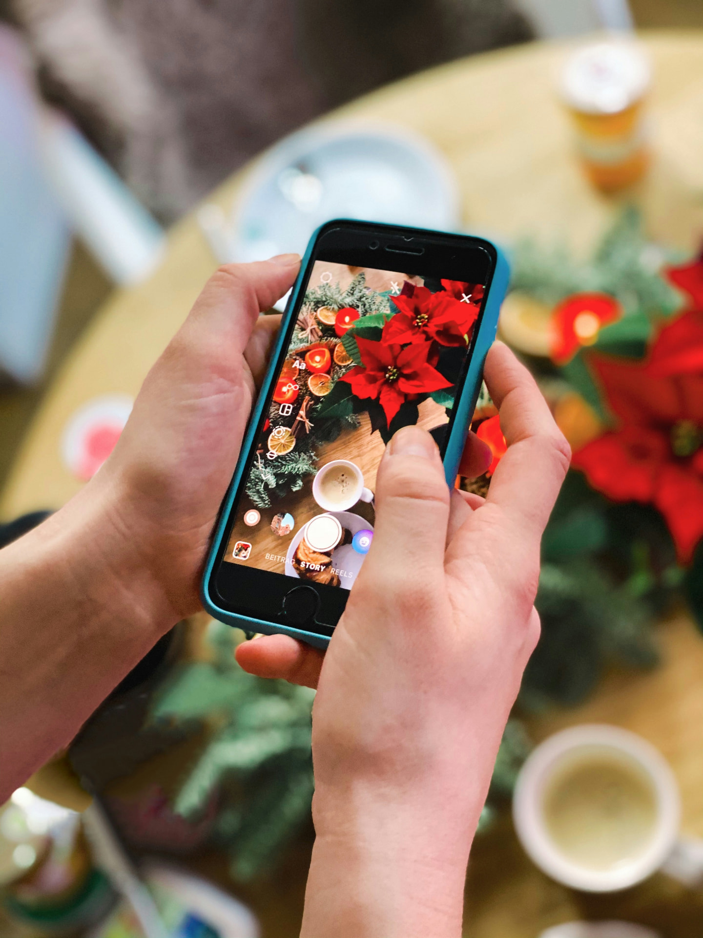 Hand holding a phone showing a story frame
