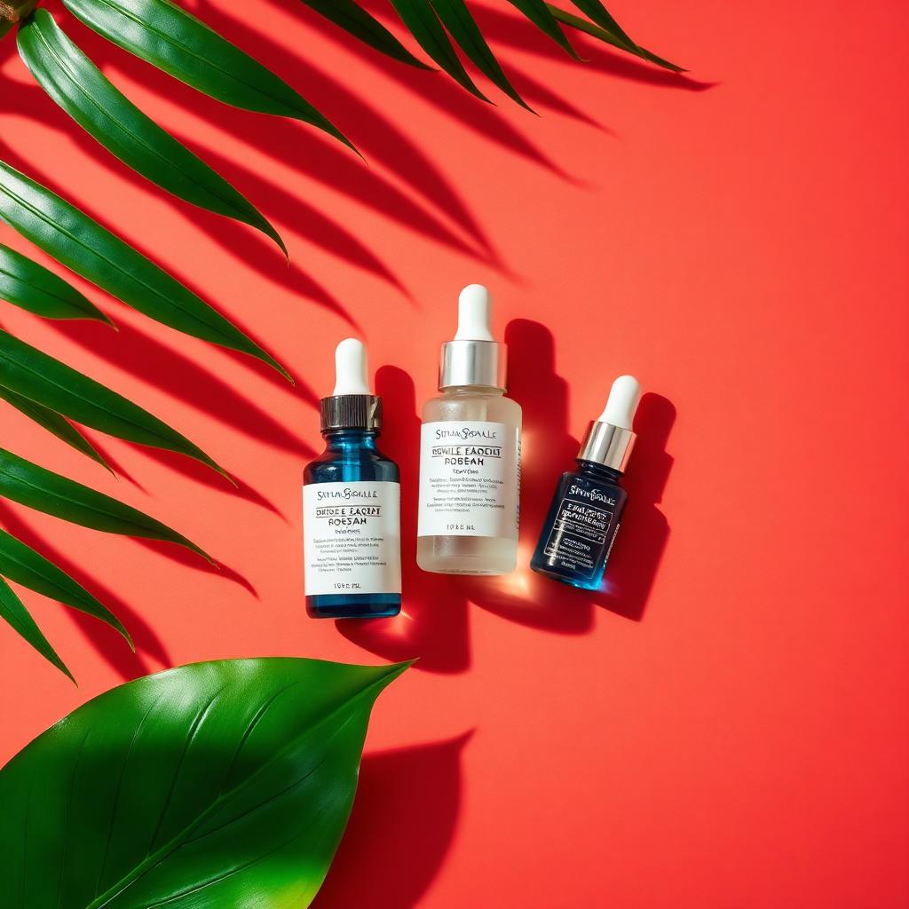 Skincare serum bottles on a coral background