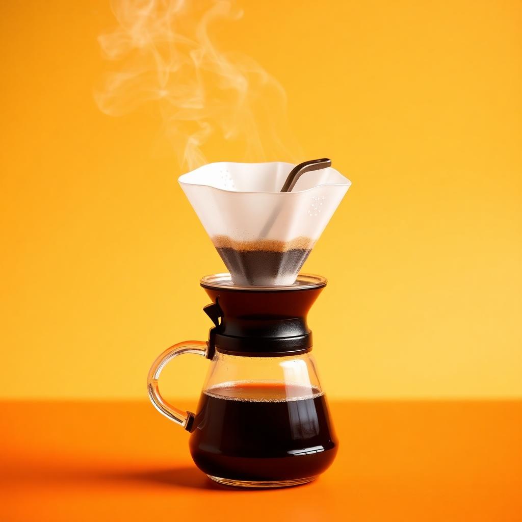 Pour-over coffee brewing on an orange backdrop