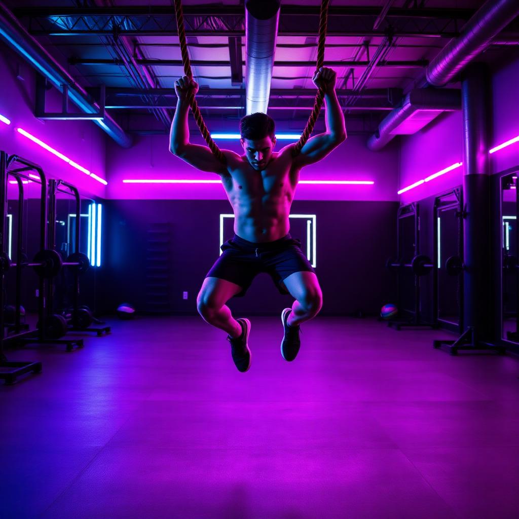 Athlete training in a neon-lit gym