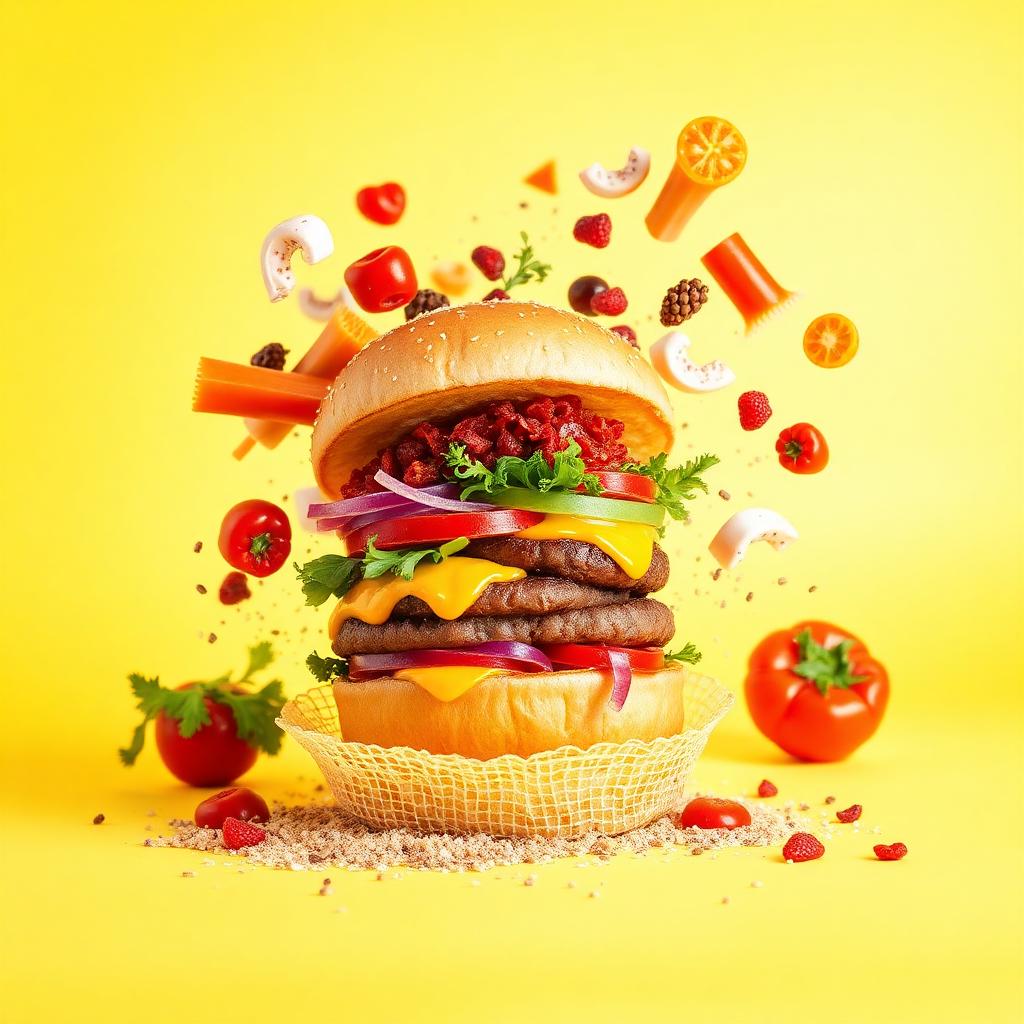 Burger with flying ingredients on yellow