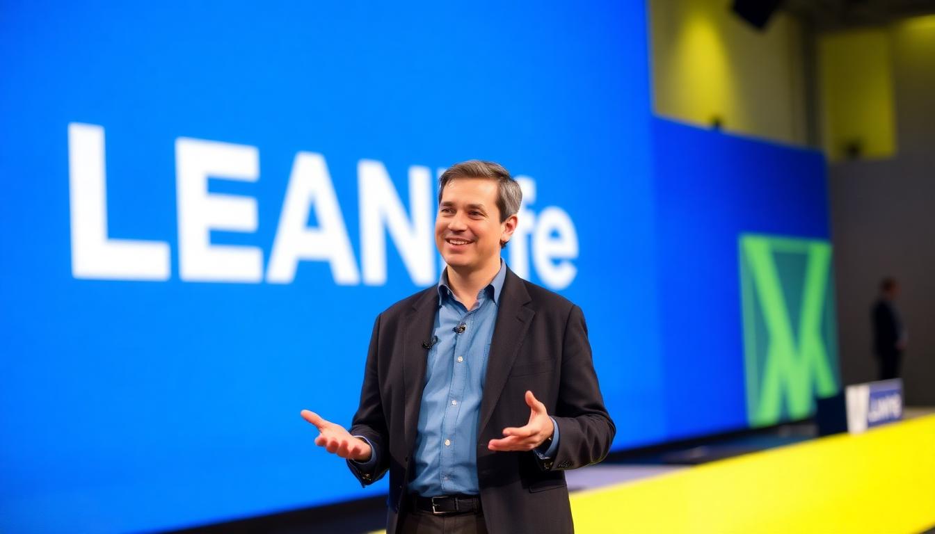 Founder speaking on a conference stage