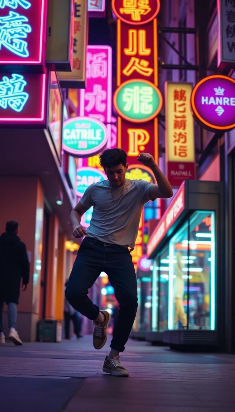Dancer mid-move under neon signs