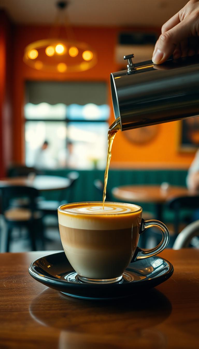 Latte being poured in a warm cafe