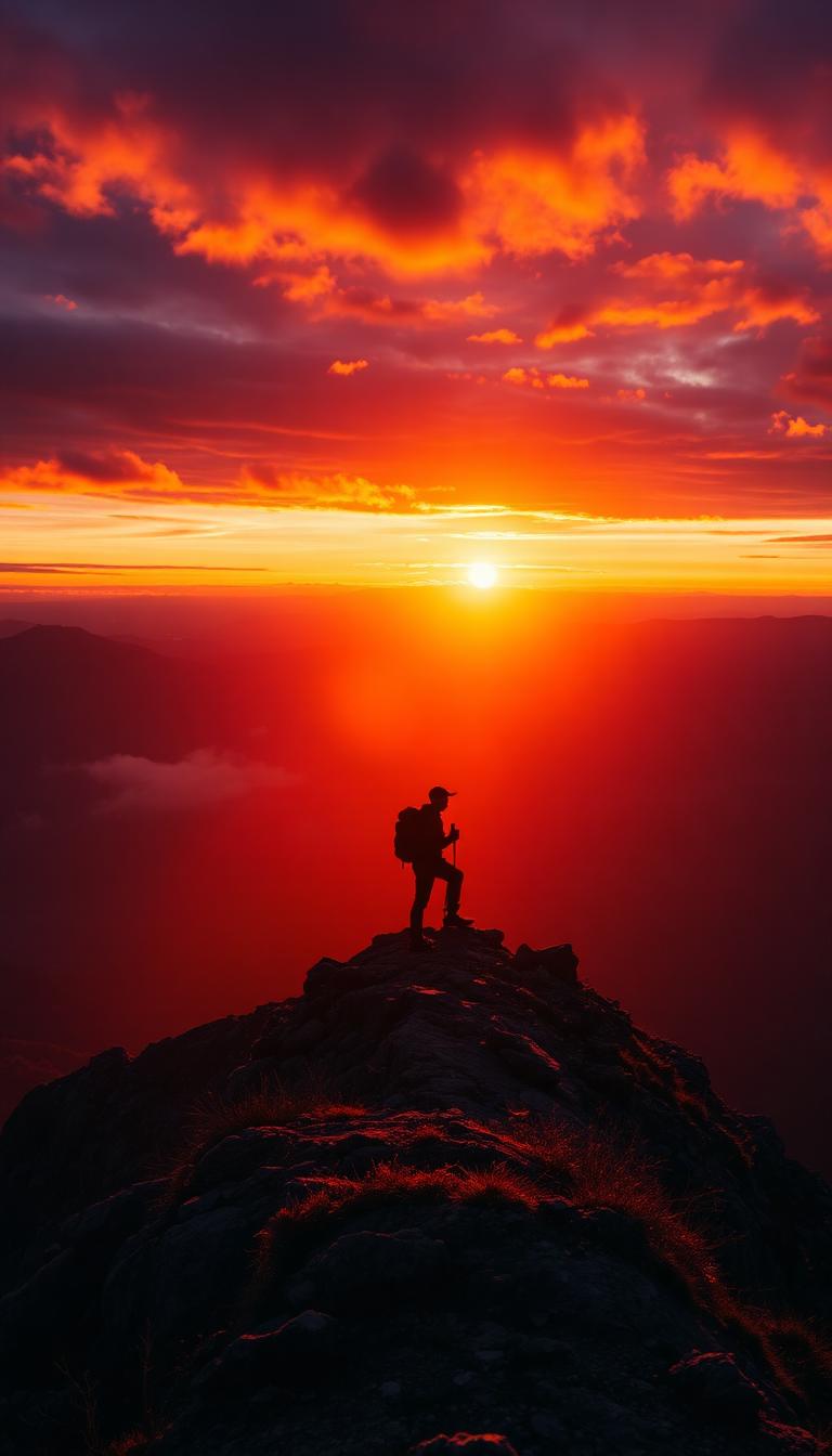 Hiker on a ridge at sunset