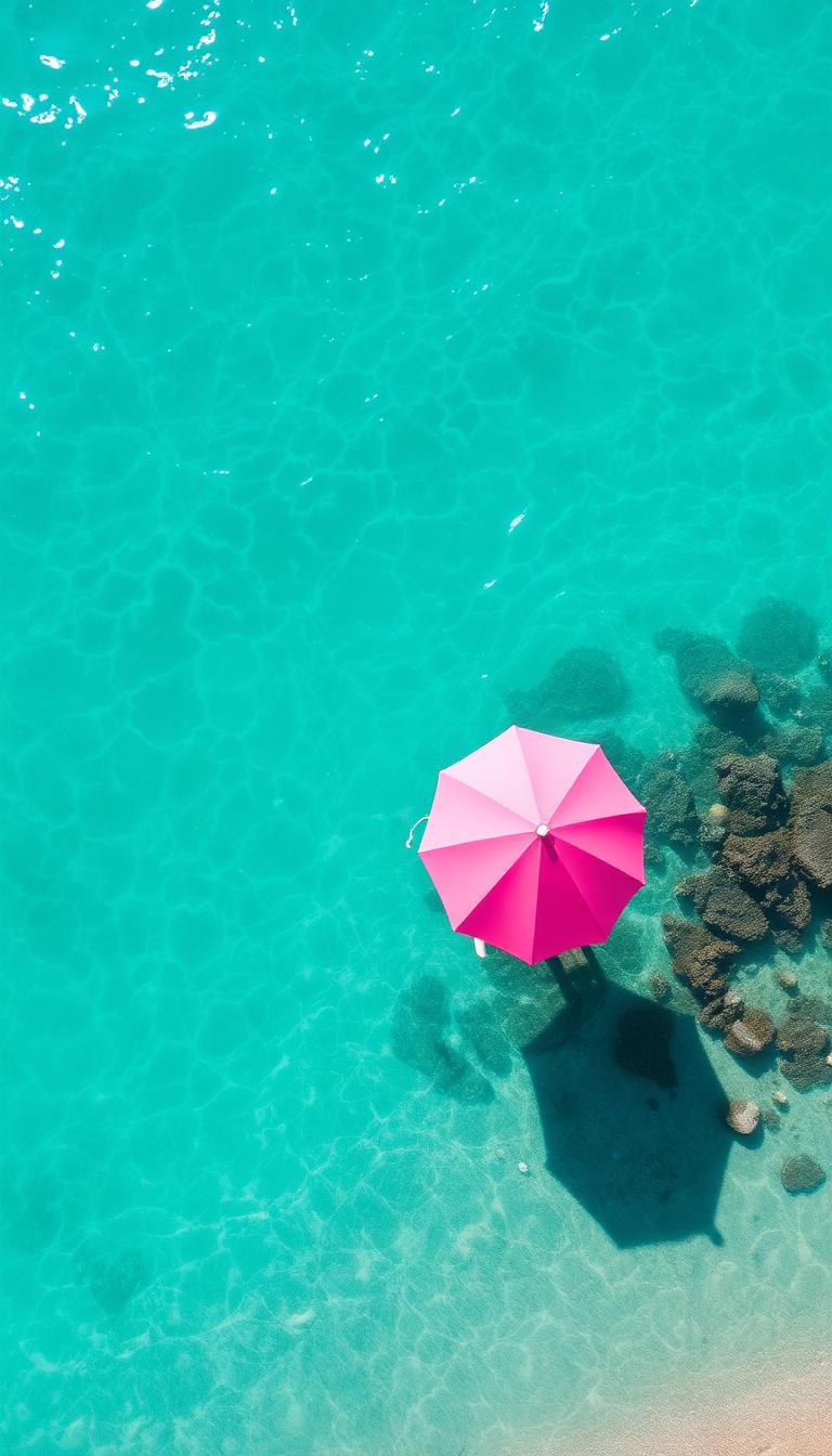 Pink umbrella on a turquoise beach from above