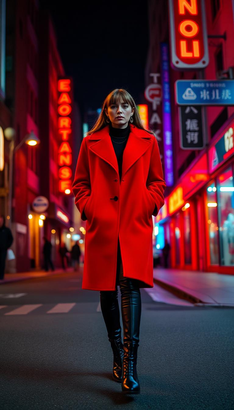Model in a red coat on a neon street