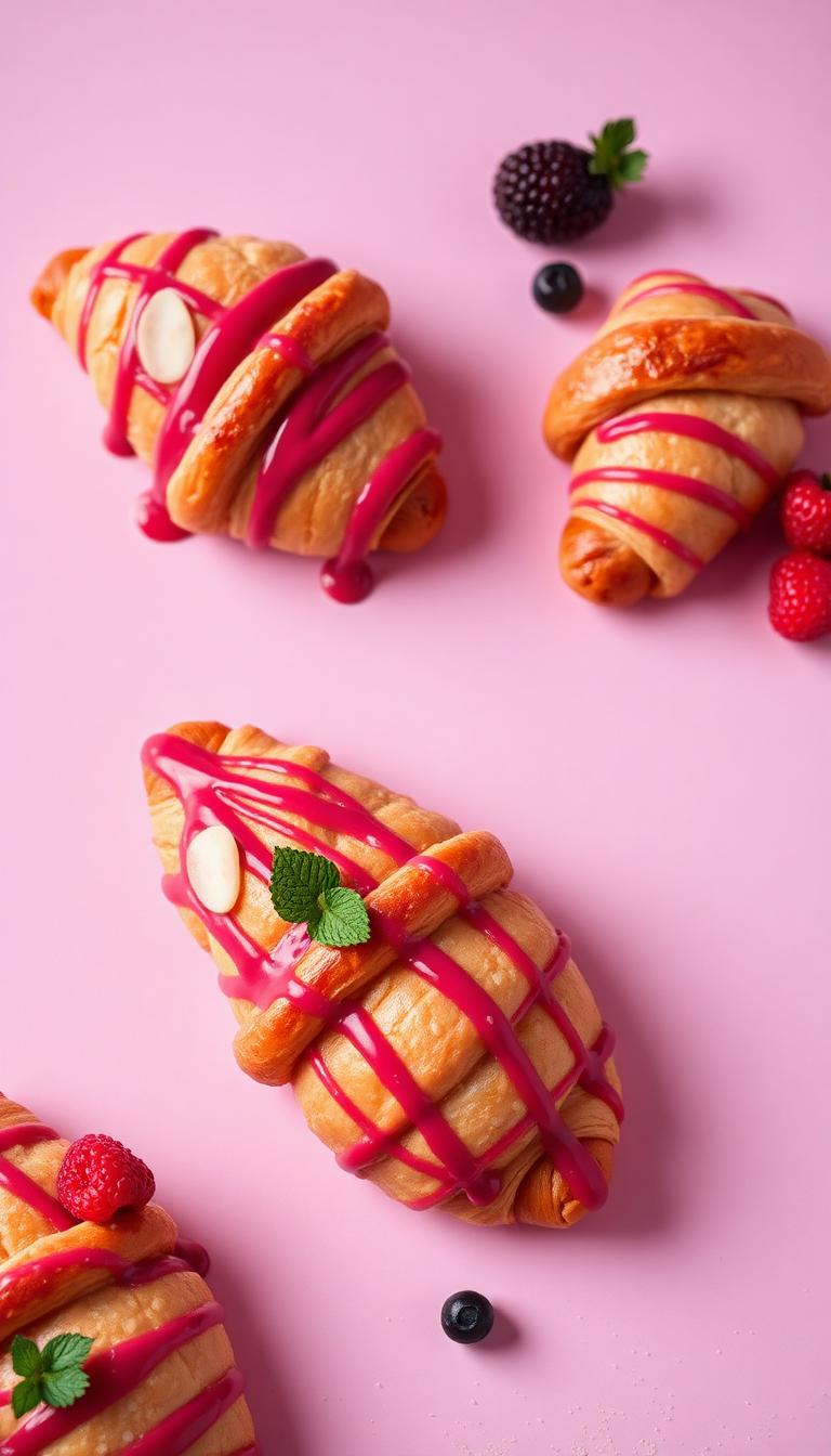 Croissants with berry glaze on pink