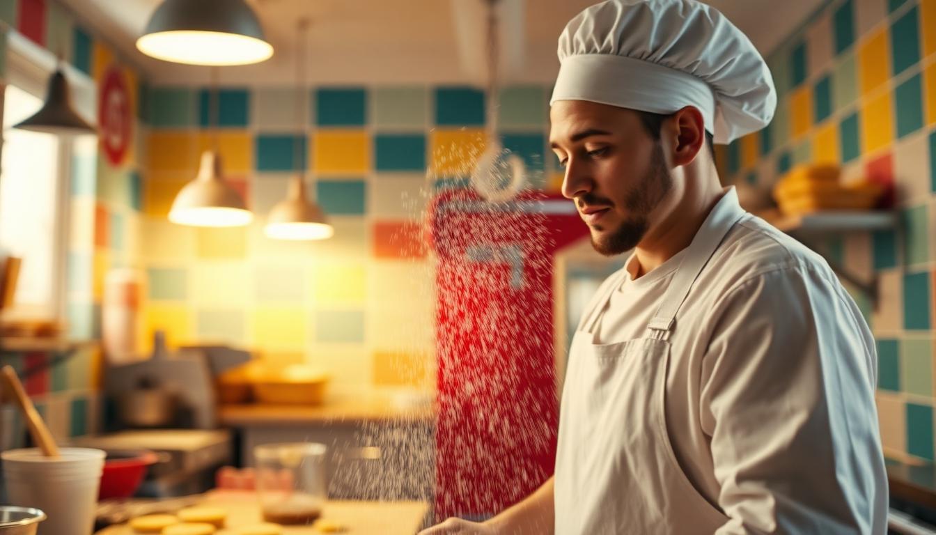 Baker dusting flour in a colorful kitchen