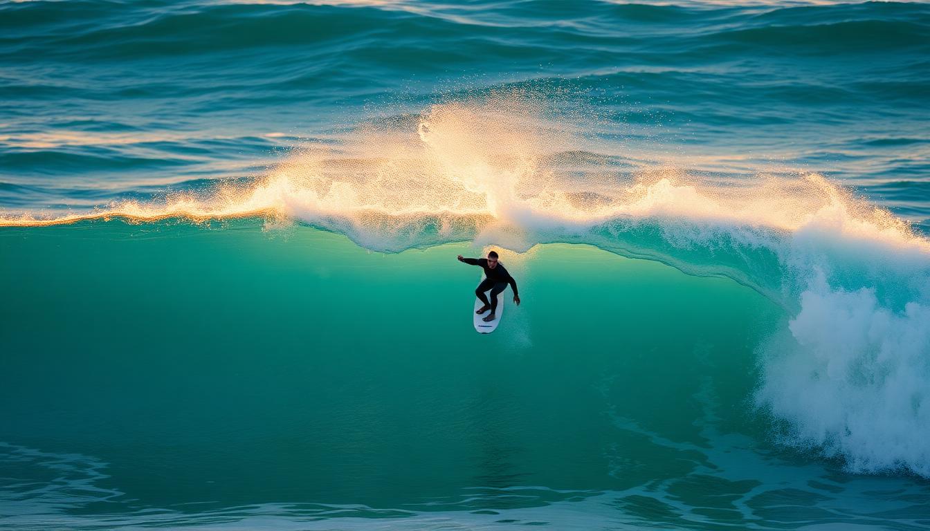 Surfer riding a turquoise wave