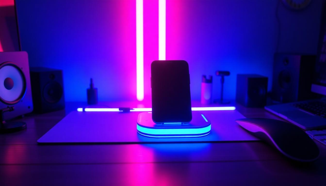 Gadget unboxing with neon lighting